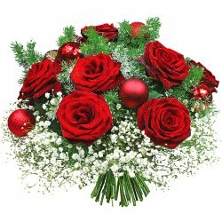 Букет из красных роз и новогодних шаров